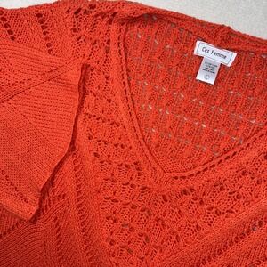 Ces Femme Women's Large Sweater Open Knit Pullover Orange Bell Sleeve Oversized